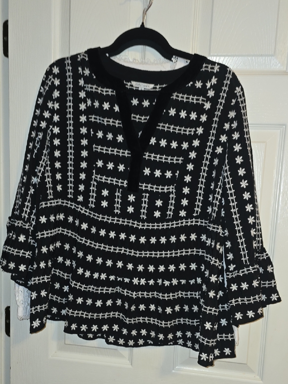 John Mark Black Tunic with White‎ Embroidered Pattern